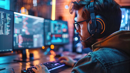 A man in headphones in the control center watches the data on the monitors