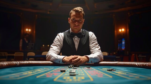 Casino dealer standing at a gaming table with cards and chips, in a dark room with ambient lighting.