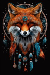 Naklejka premium Enigmatic Fox Amidst Dream Catchers and Feathers in Celestial Night Illustration