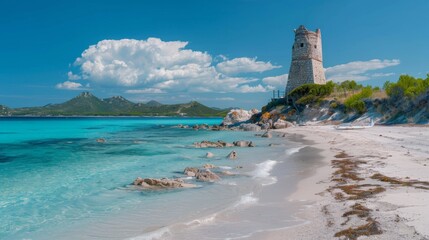Idyllic view of La Pelosa Beach with its historic tower and clear turquoise waters, under a blue sky with fluffy white clouds.
