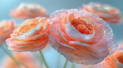   A close-up of several flowers, featuring water droplets on the petals and within their centers