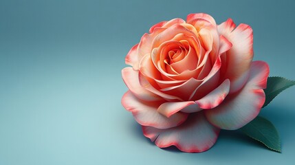   A pink rose on a blue background, with leaves on both ends of the stem