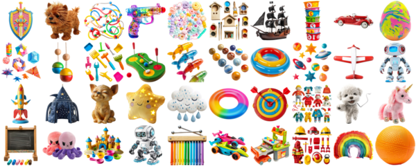 big collection of different toys for children kid, school playroom decor, magnet toy, doll, teddy bear, board game, photo collage set, isolated transparent background AIG44