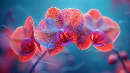   A close-up of a vibrant purple and red flower on a blue background with a slightly blurred background image