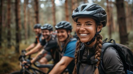 A group of cheerful friends wearing cycling helmets and gear, enjoying a break in a forest setting.