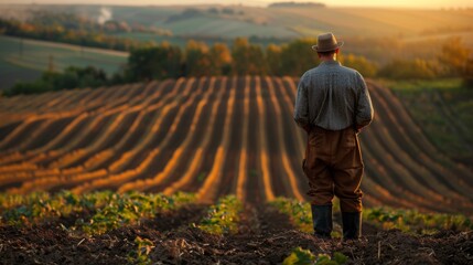 A farmer stands in a field at sunset, surveying rows of tilled soil, evoking a sense of rural life and agriculture.