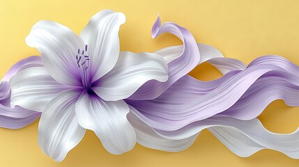   A painting of a purple and white flower on a yellow and yellow background with long, wavy hair blowing in the wind