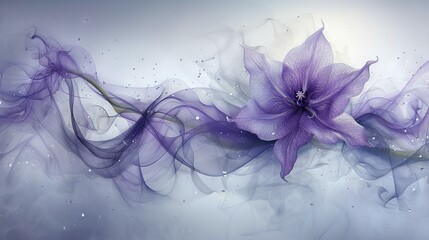  A painting depicts a purple flower on a blue and white canvas with a vortex at its center