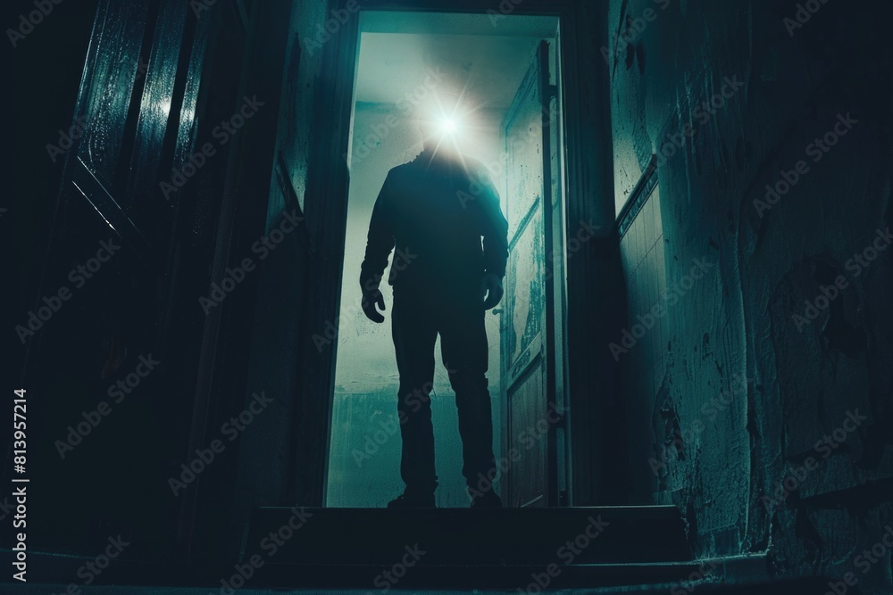 Poster a person standing in a doorway in a dark room. suitable for various concepts and projects