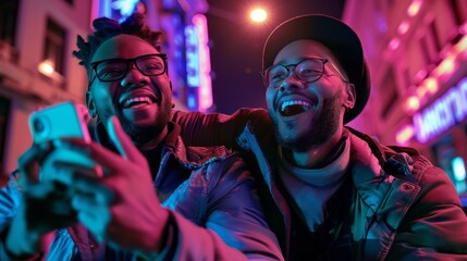 Obraz premium A stylish young multiethnic man watching a sports game on a smartphone, supporting his favorite team. Celebrating a goal, winning a lotto or betting. Standing outside in an urban spot at night with