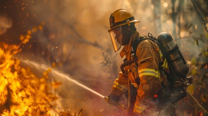 Black Firefighter Using a Fire Hose to Battle a Dangerous Wildfire Deep in a Forest as he extinguishes a wildfire. Professionally dressed in safety uniform and helmet.