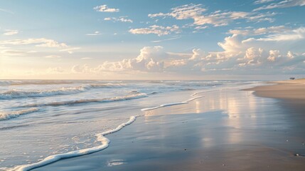 Serene beach scene at sunset with gentle waves, cotton candy clouds, and reflections on the wet sand at North Topsail Beach.