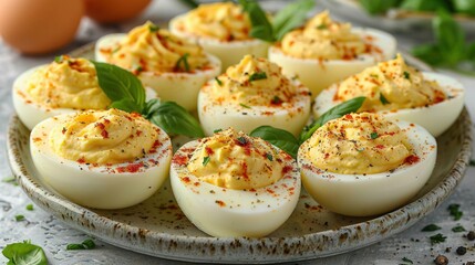   Plate of deviled eggs adorned with garnishes and sprinkles