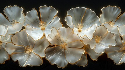   A cluster of pure blooms resting atop a dark surface against a black backdrop