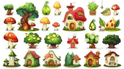 Fototapeta premium Enchanting Fairy Tale Landscape with Whimsical Mushrooms and Cozy Cottages