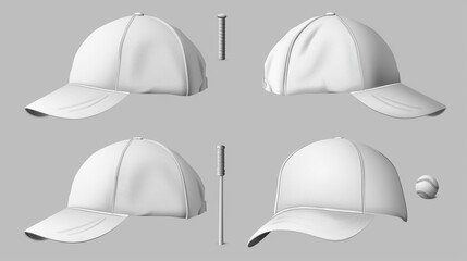 An isolated white blank baseball cap modern mockup template. A visored sport hat uniform mockup with a realistic view. 3D realistic head wear fashion with an empty ball.