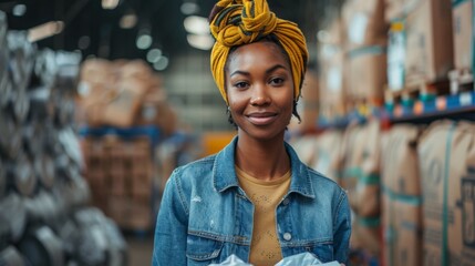 A smiling recycling worker with a vibrant yellow headscarf in a facility, surrounded by sorted materials.