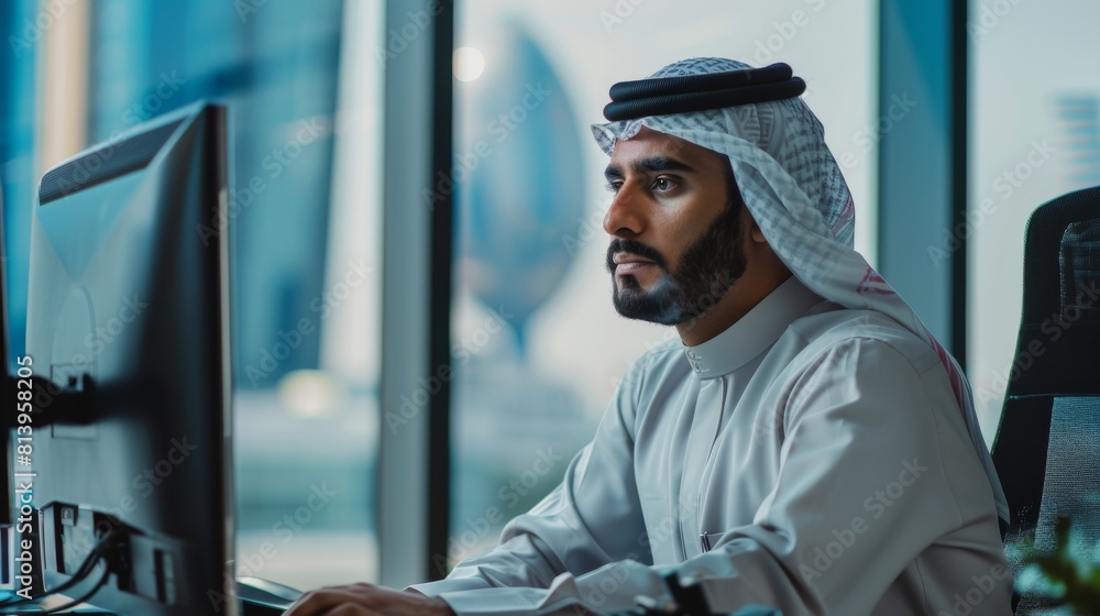 Poster trader of middle eastern financial securities using a desktop computer in a modern office. arab book