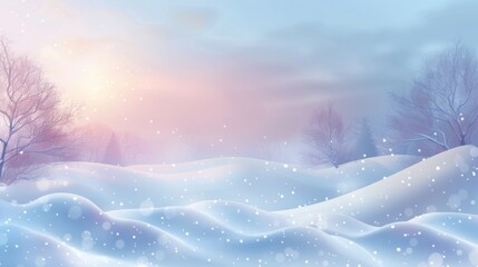 A tranquil vector illustration of a snowy landscape with gentle hills and bare trees under a soft...