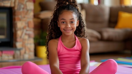 A smiling biracial girl in a pink tank top and leggings sits with legs crossed on a mat indoors. - Powered by Adobe