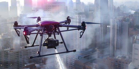 A drone quickly extinguishes fires in highrise buildings in urban areas. Concept Firefighting Technology, Urban Emergency Response, Drone Innovation, Highrise Building Safety