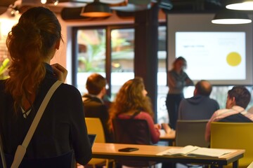 People present in the hall carefully follow the presentation on the screen