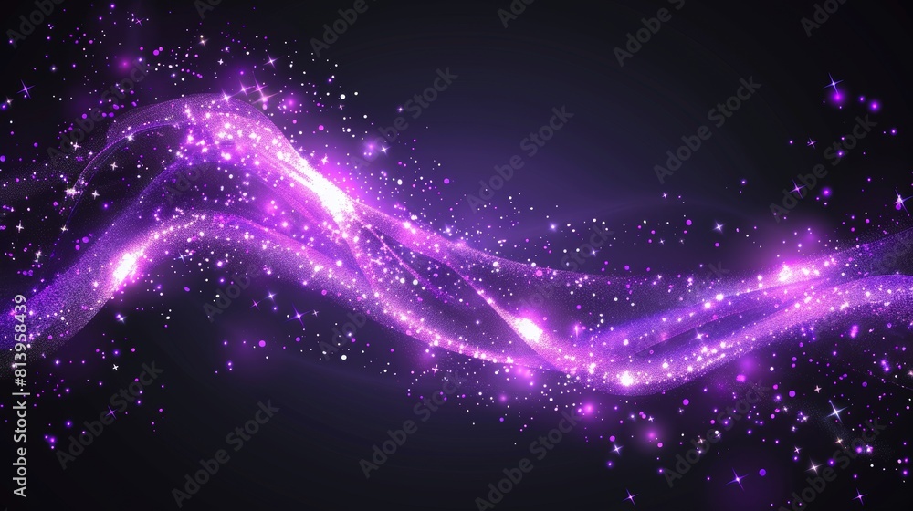 Poster floating glittery magic dust with sparkles. purple swirl trail with glow particles. neon wave from w