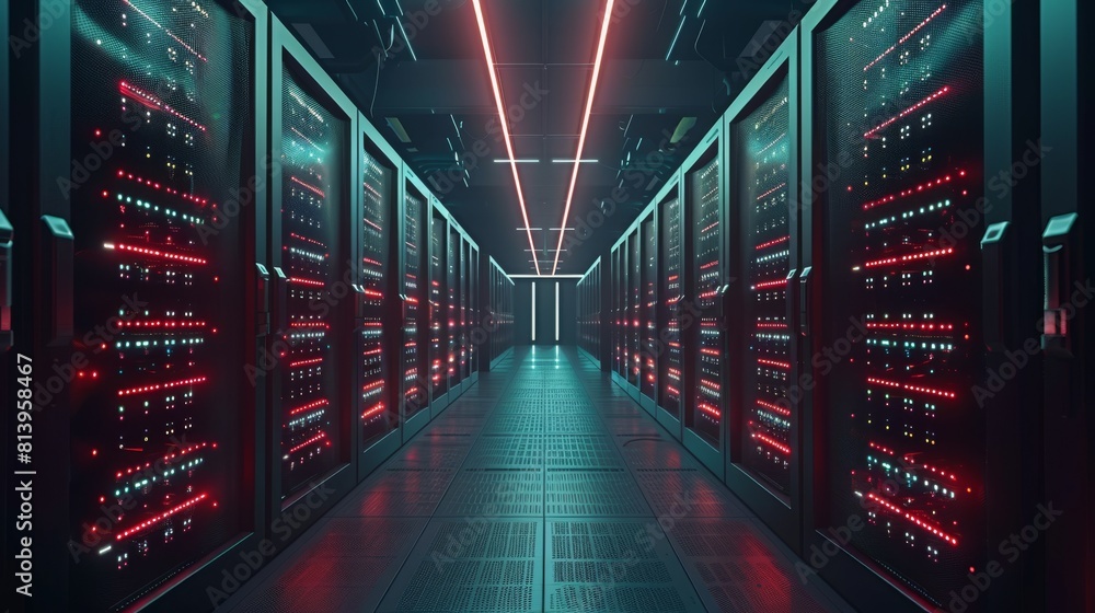 Poster a 3d render of a data center with server racks working in a dark facility. a cryptocurrency farm is 