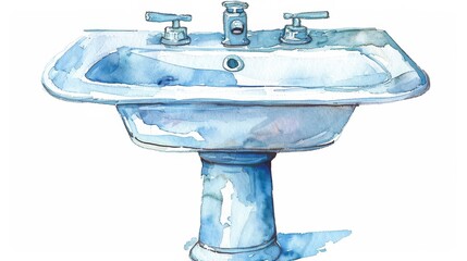 The image shows a beautiful watercolor painting of a pedestal sink