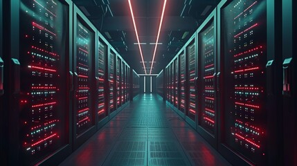 A 3D render of a data center with server racks working in a dark facility. A cryptocurrency farm is in the distance. Internet of Things, big data storage, cryptocurrency farming, cloud computing.