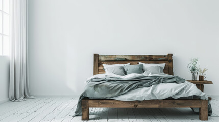 rustic wooden bed frame in front of white wall