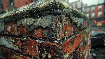   Close-up of a rusted brick wall with a car parked on the roadside in the background