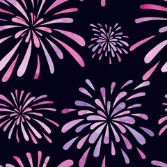 Colorful fireworks, fireworks on a dark background, seamless pattern, hand-drawn watercolor illustration. Endless pattern template for wallpaper, fabric, wrapping paper, celebrations, decoration.