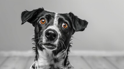 Black and white dog with a head tilt and expressive amber eyes against a grey background, portrait.