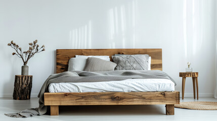 rustic wooden bed frame in front of white wall