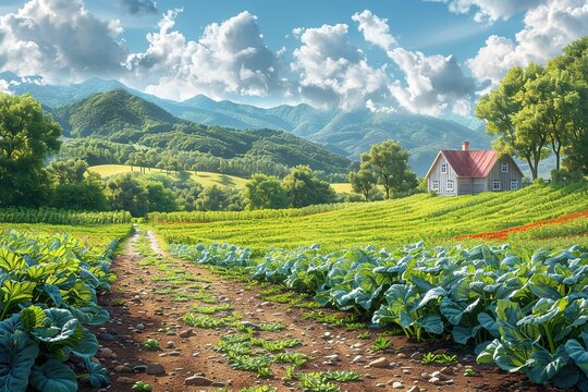 A plantation with green plants and a farm house in a mountain valley - Powered by Adobe