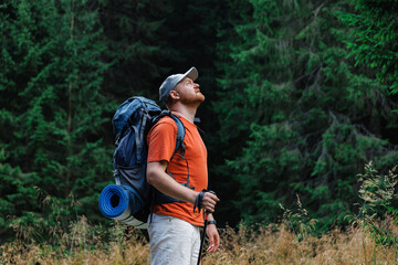 Male hiker admiring nature in mountains