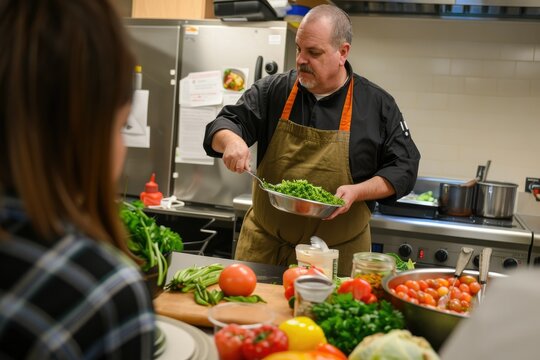 A chef teaching a healthy cooking class, with participants learning to make nutritious meals