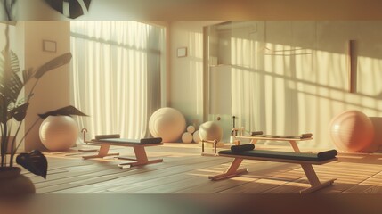 Pilates session in a minimalist studio, soft pastel tones, medium shot capturing peaceful expressions