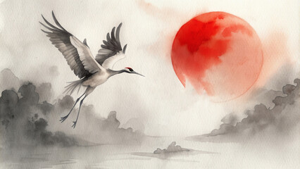 Watercolor painting with crane flying over river bank with bamboo at sunset. Traditional ink painting style gohua, sumi-e, u-sin