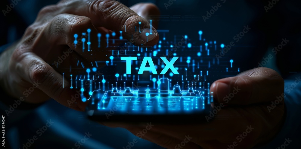 Poster man using smartphone to interact with vibrant digital tax concept
