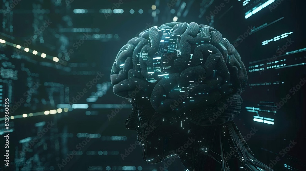 Poster technology theme with a side view of an ai brain interface