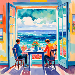 Watercolored rear view of two people sitting at the table set in front of the window open to the tranquil sea, among colored flowers and plants