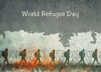 World refugee day, global immigration, barbed wire, exile camp, illegal border crossing, prison fence, human rights and racism 