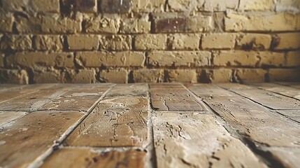   A detailed photo of a wooden table against a brick background, with a wooden floor as the focal point in the front