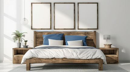 rustic wooden bed with blue pillows in front of wall with empty pictures