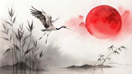 Watercolor painting with crane flying over river bank with bamboo at sunset. Traditional ink painting style gohua, sumi-e, u-sin © Mystery