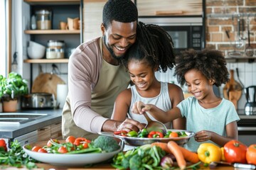 A family preparing a nutritious dinner together in a modern kitchen, emphasizing fresh vegetables and healthy eating habits