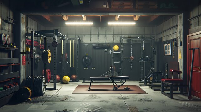 Strength training session, gritty garage gym, low angle, harsh lighting, focus on muscle and equipment