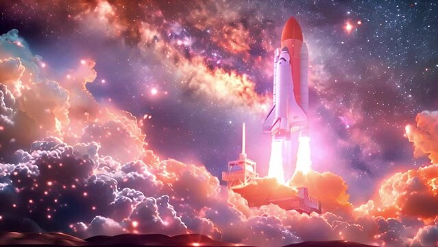An artists rendering of a space shuttle taking off from a launchpad, with flames and smoke trailing behind as it ascends into the sky.